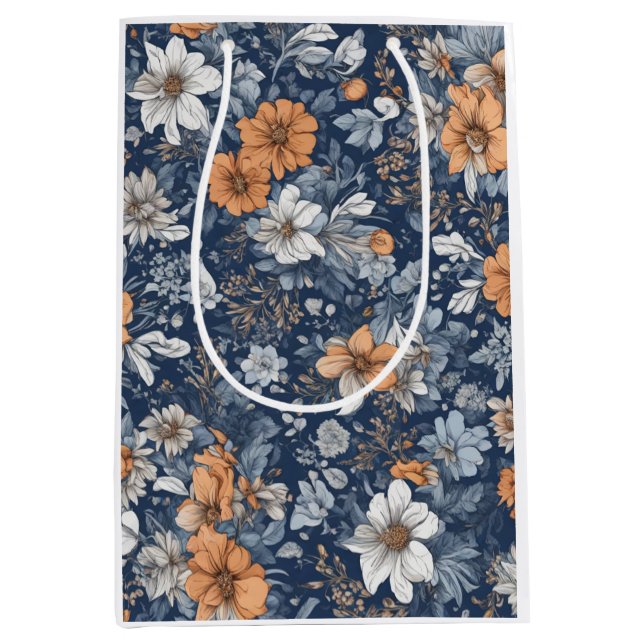 Blaues Blumenmuster Mittlere Geschenktüte (Vorderseite)