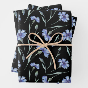 Blaues Blumenmuster Muster Schwarzer Hintergrund Geschenkpapier Set