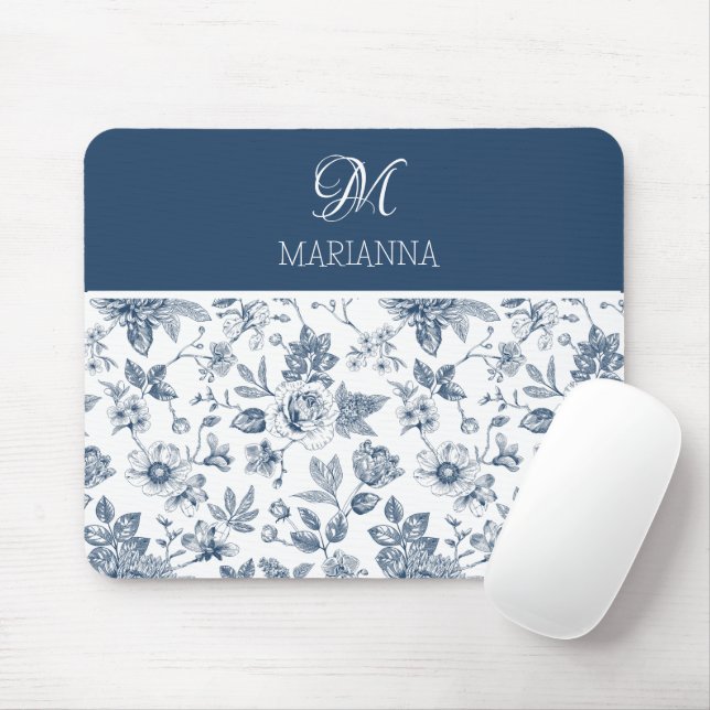 Blaues Blumenmuster & Name Personalisiert  Mousepad (Mit Mouse)