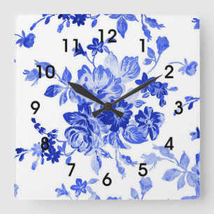 Blaues Blumenmuster Quadratische Wanduhr