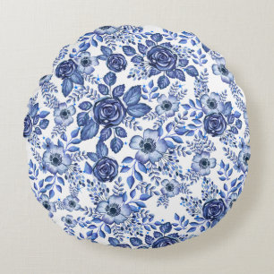 Blaues Blumenmuster Rundes Kissen