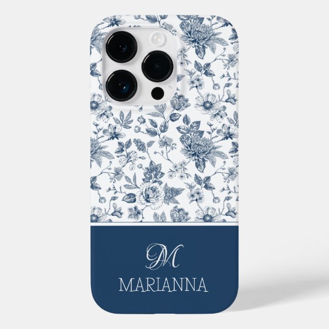 Blaues Blumenmuster und Name Personalisiert Case-Mate iPhone Hülle (Rückseite)