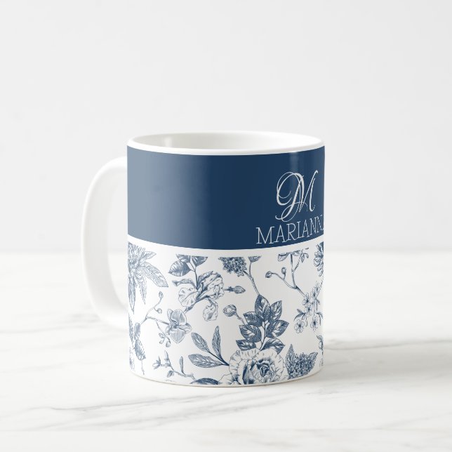 Blaues Blumenmuster und Name Personalisiert Kaffeetasse (Vorderseite Links)