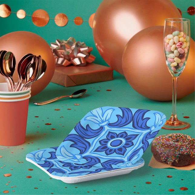 Blaues Blumenmuster Vintages Mittelmeer Pappteller (Von Creator hochgeladen)