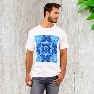 Blaues Blumenmuster Vintages Mittelmeer T-Shirt