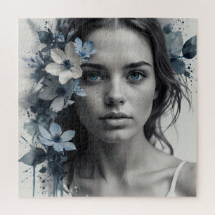 Blaues Blumenportrait einer Frau Puzzle