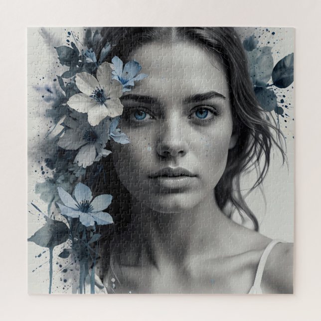 Blaues Blumenportrait einer Frau Puzzle (Vertikal)