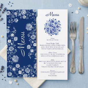 Blaues Blumenstrauß-Hochzeits-Dinner-Menükarte Menükarte