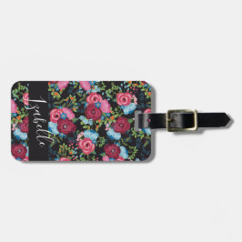 Blaues Blumenstrauß-Muster Burgunders - Gepäckanhänger