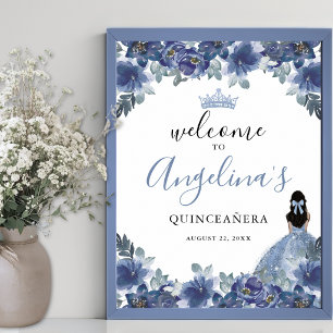 Blaues Blumiges Quinceanera-Willkommensschild Poster