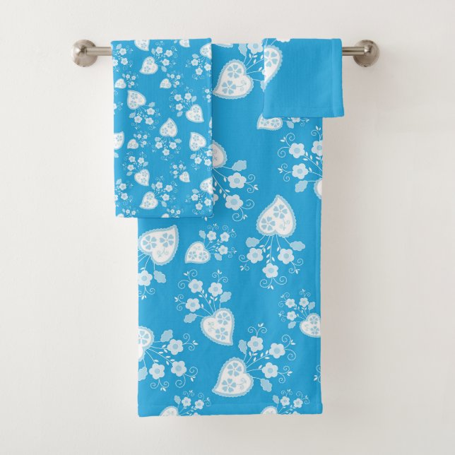 Blaues Blütenherz mit Blume Badhandtuch Set (Insitu)