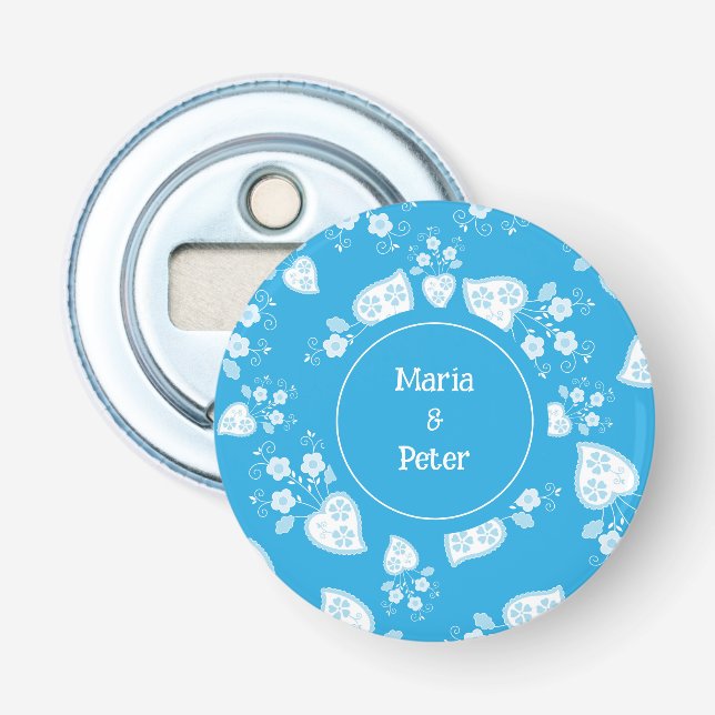 Blaues Blütenherz mit Blume Flaschenöffner (Vorderseite)