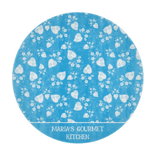 Blaues Blütenherz mit Blume Schneidebrett (Vorderseite)