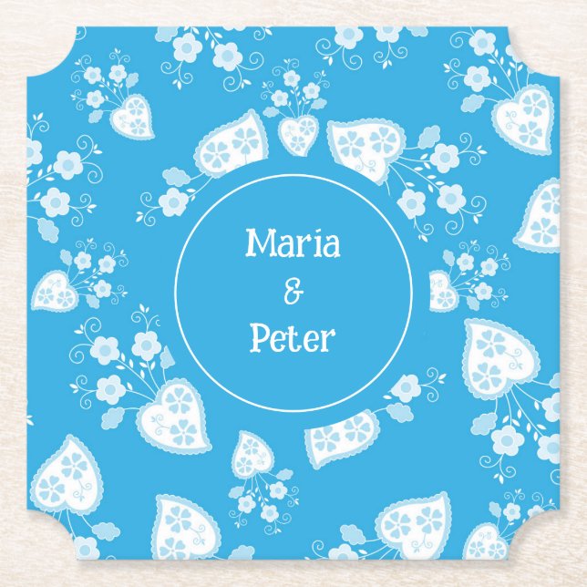 Blaues Blütenherz mit Blume Untersetzer (Vorderseite)