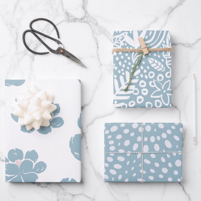 Blaues Bohemisches Blumenfrühlingspapier Geschenkpapier Set (Vorderseite)