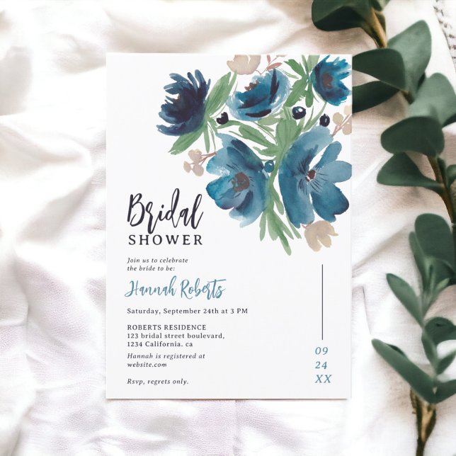 blaues böhmisches Brautparty Einladung (blue bohemian floral watercolor bridal shower invitation)