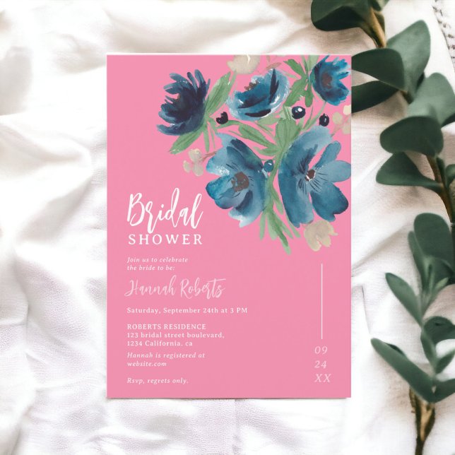 blaues böhmisches Brautparty Einladung (blue bohemian floral watercolor bridal shower invitation on baby pink)