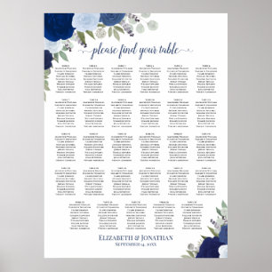 Blaues Boho-Blumen-29-Tisch-Hochzeits-Sitzplan Poster