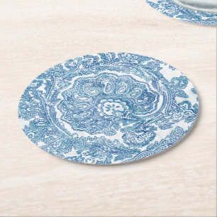Blaues Boho-Paisleymuster Runder Pappuntersetzer
