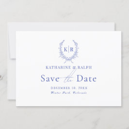 Blaues Botaniakales Wappen Monogramm Save the Date Einladung