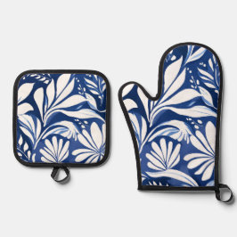 Blaues botanisches Aquarell-Blumenmuster Ofenhandschuh & Topflappen-Set