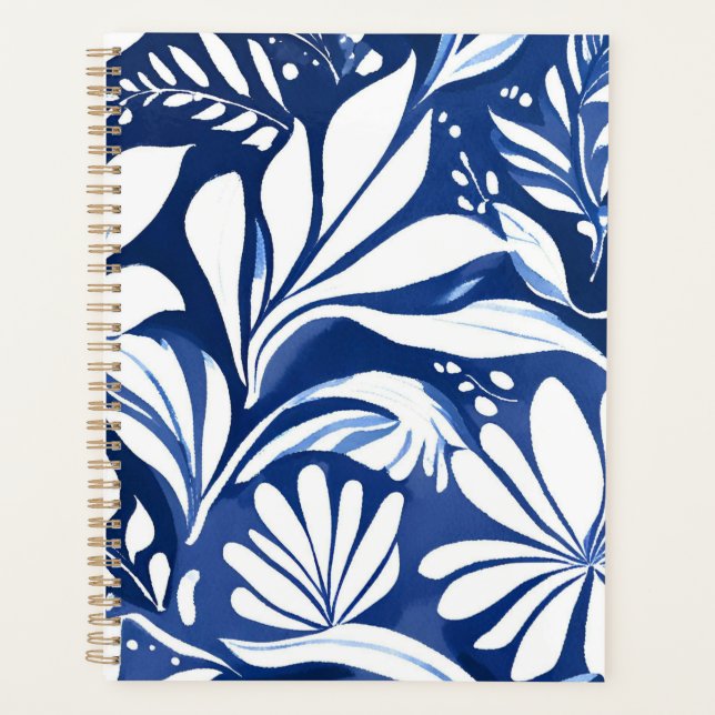 Blaues botanisches Aquarell-Blumenmuster Planer (Vorderseite)