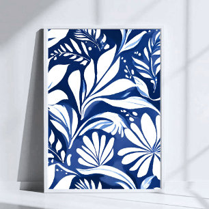 Blaues botanisches Aquarell-Blumenmuster Poster
