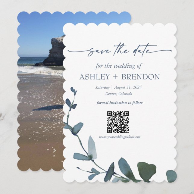 Blaues botanisches Blatt - Save-the-Date mit QR +  Einladung (Vorne/Hinten)