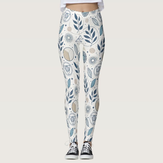 Blaues botanisches geometrisches Doodle Leggings (Vorderseite)
