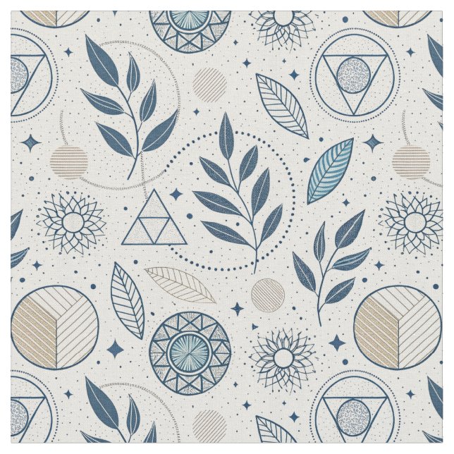 Blaues botanisches geometrisches Doodle Stoff (Nahaufnahme)