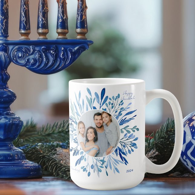 Blaues botanisches Hanukkah-jüdisches Foto Kaffeetasse (Von Creator hochgeladen)