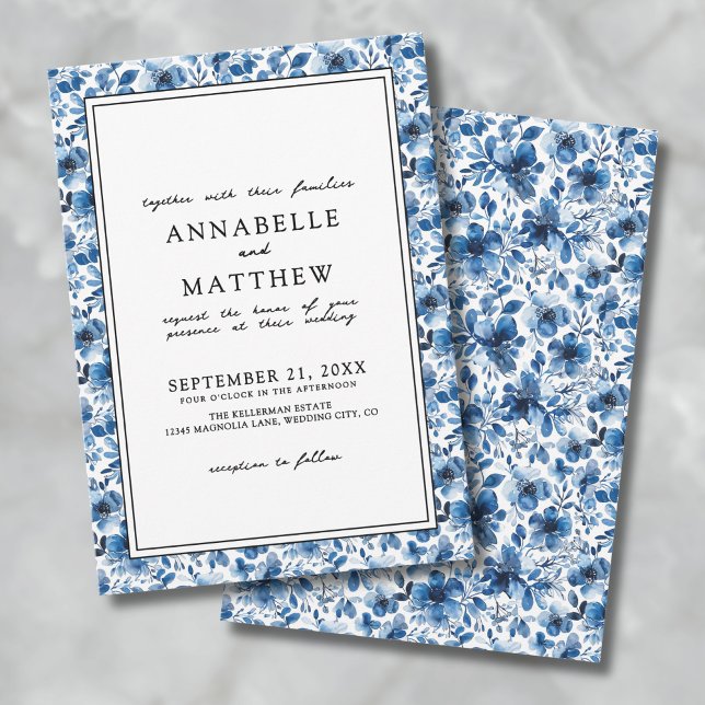 Blaues Botanisches Muster Elegante Blumenhochzeit Einladung (Blue Botanical Pattern Elegant Floral Wedding Invitation)
