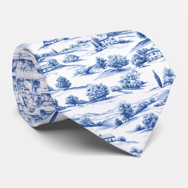 Blaues botanisches Toile-Muster Krawatte (Gerollt)