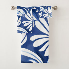 Blaues botanisches Wasserfarben-Blumenmuster Badhandtuch Set