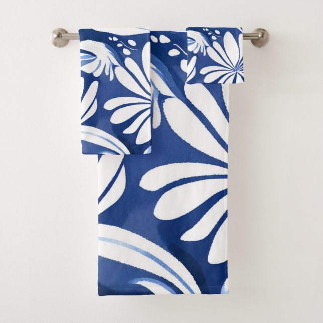 Blaues botanisches Wasserfarben-Blumenmuster Badhandtuch Set (Insitu)