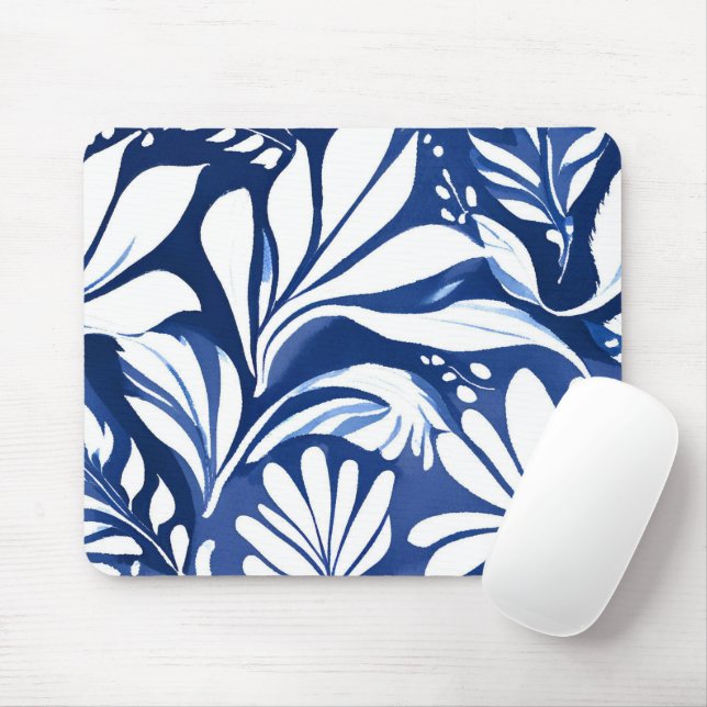 Blaues botanisches Wasserfarben-Blumenmuster Mousepad (Mit Mouse)