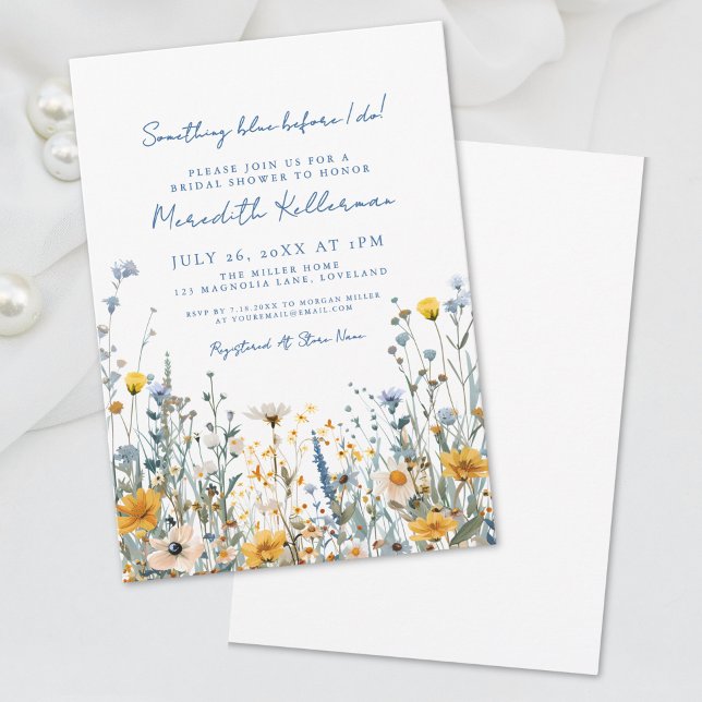 Blaues botanisches Wildblume-Brautparty Einladung (Blue Botanical Wildflower Bridal Shower Invitation)