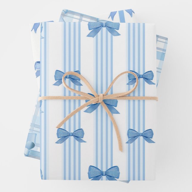 Blaues Bow-Coquette-Muster Geschenkpapier Set (Beispiel)