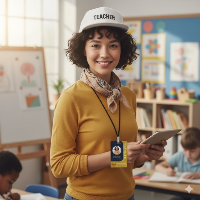 Blaues braunes Namensschild für Lehrer mit QR und  Ausweis (Blue Brown Teacher Name Badge with QR and Photo)