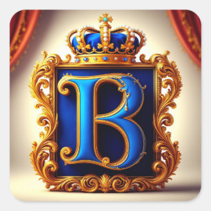 👑 Blaues Brief B Kronen-Monogramm-Namensgeber Quadratischer Aufkleber