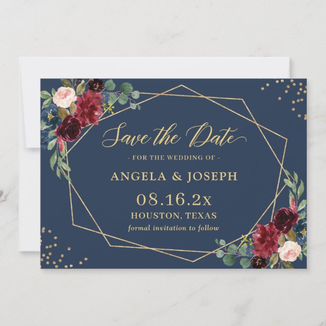 Blaues Burgundy Bloral Gold Geometric Wedding Save The Date (Vorderseite)
