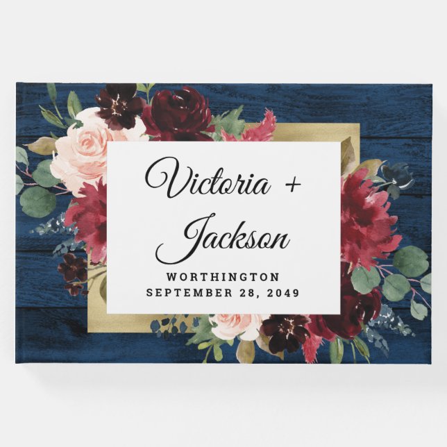 Blaues Burgundy Blush Pink Gold Rustikale Hochzeit Gästebuch (Vorderseite)