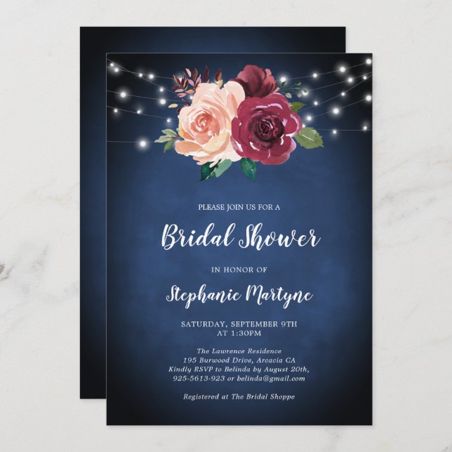 Blaues Burgundy-Brautparty Einladung (Vorne/Hinten)