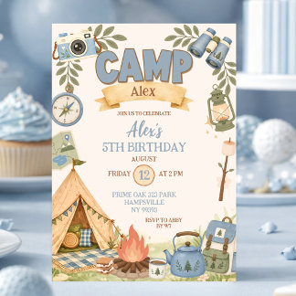 Blaues Camping-Thema Mädchen Geburtstag Einladung