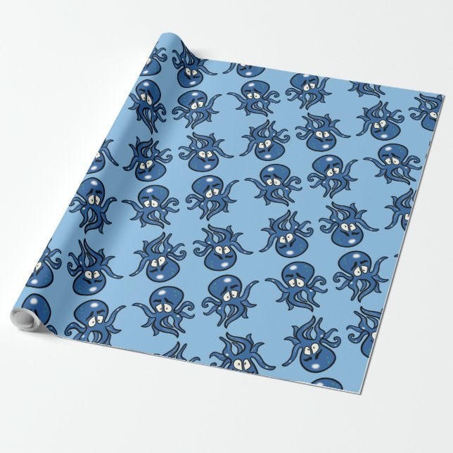 Blaues Cartoon Octopus Wrapping Paper Geschenkpapier (Ungerollt)