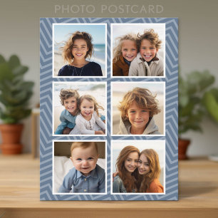 Blaues Chevron-Muster mit trendiger 6-Foto-Collage Postkarte