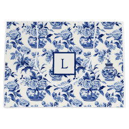 Blaues Chinoiserie-Monogramm Große Geschenktüte