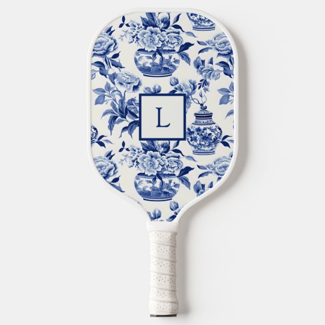 Blaues Chinoiserie-Monogramm  Pickleball Schläger (Vorderseite)