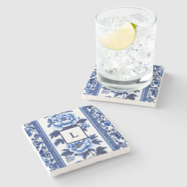 Blaues Chinoiserie-Monogramm Steinuntersetzer