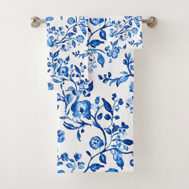 Blaues Chinoiserie-Muster  Badhandtuch Set (Insitu)